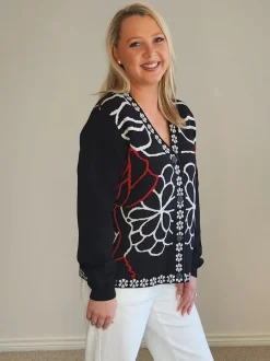 Art Deco Floral Knit - Black/Multi
