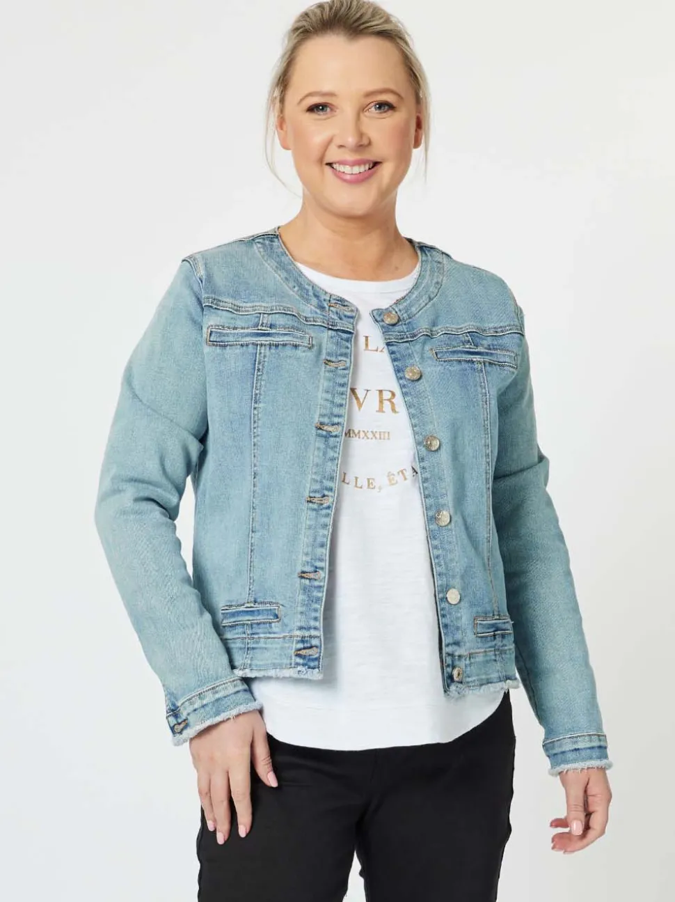 Collarless Denim Jacket - Denim