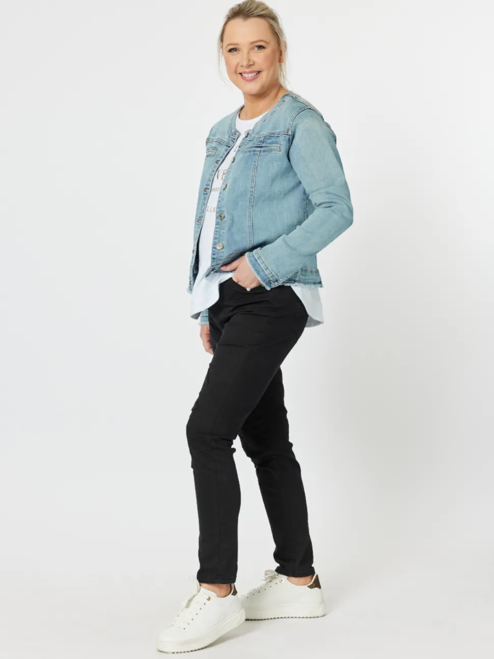 Collarless Denim Jacket - Denim
