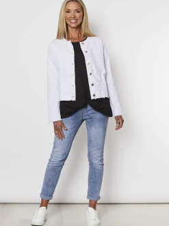 Collarless Denim Jacket - White