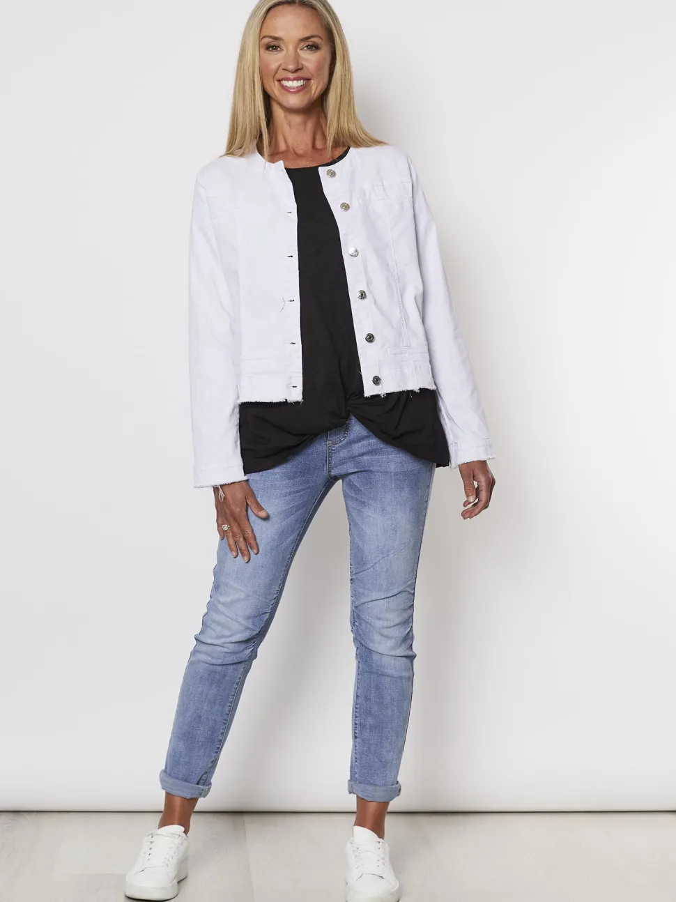 Collarless Denim Jacket - White