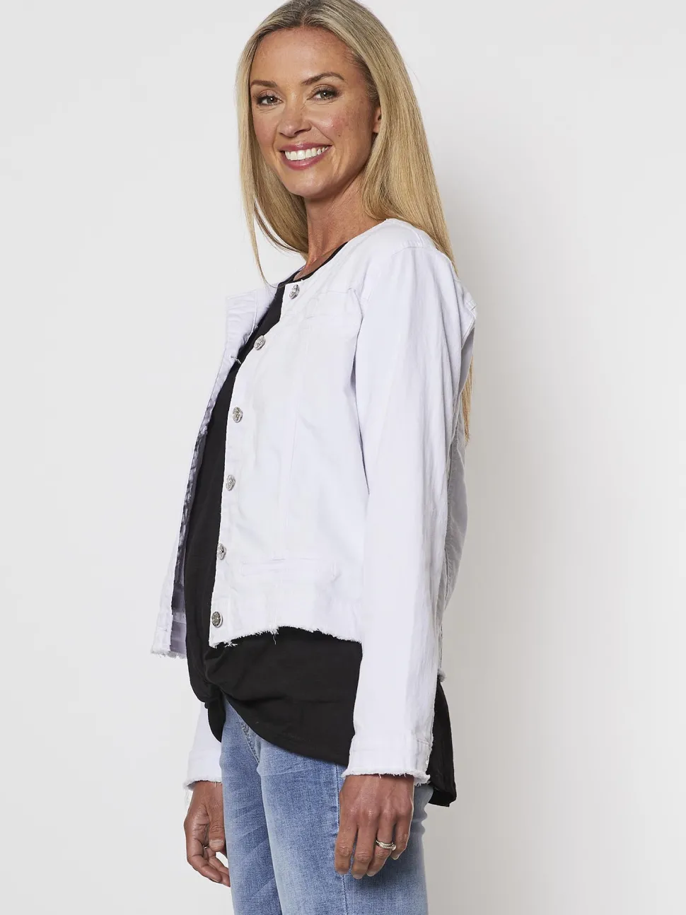 Collarless Denim Jacket - White