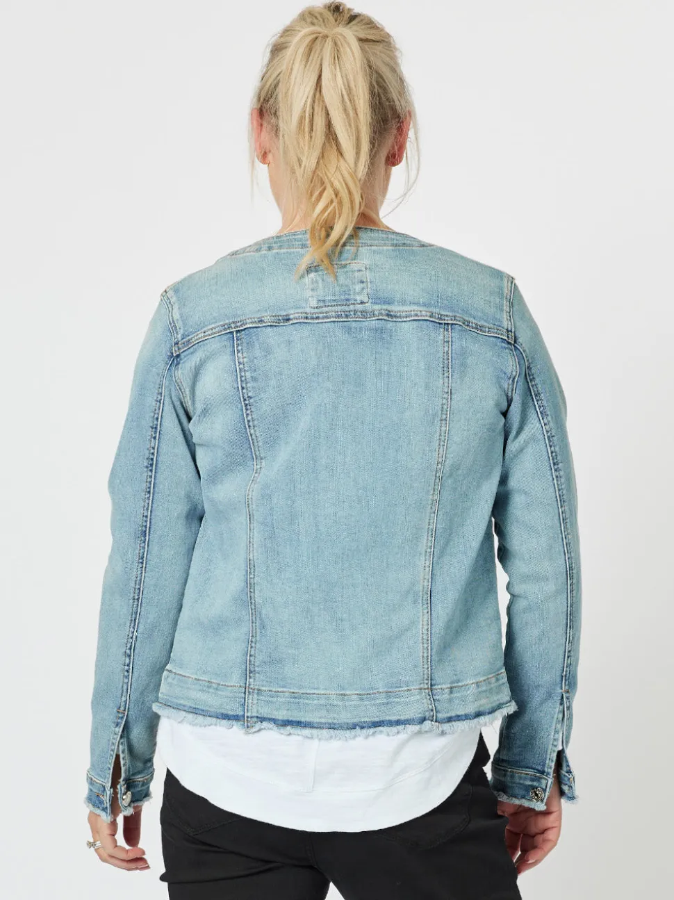 Collarless Denim Jacket - Denim