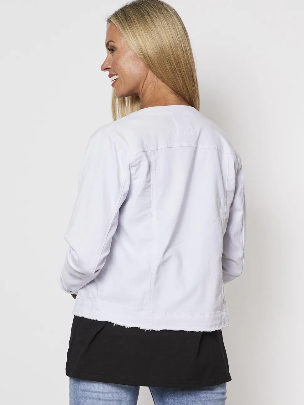 Collarless Denim Jacket - White