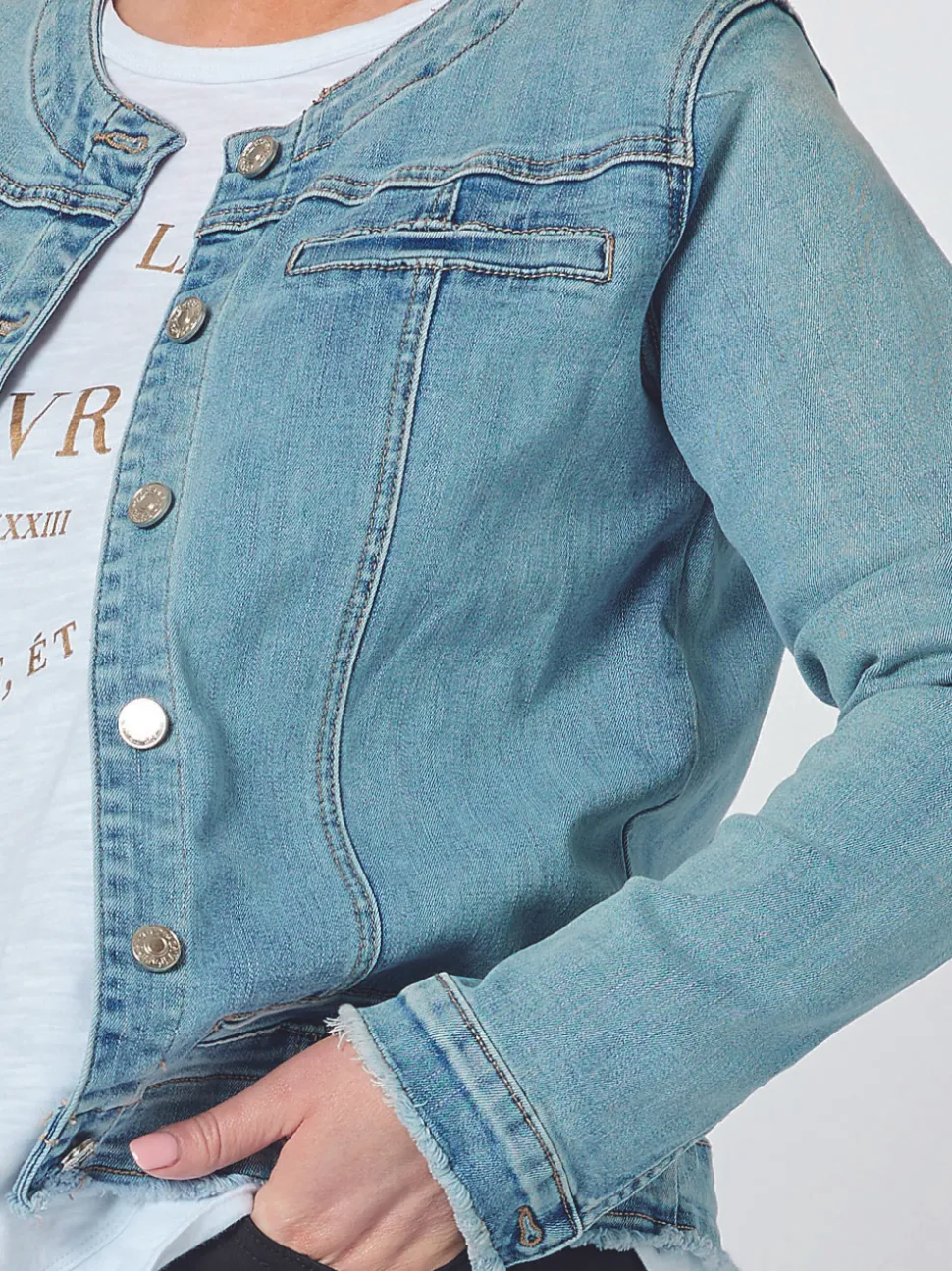 Collarless Denim Jacket - Denim