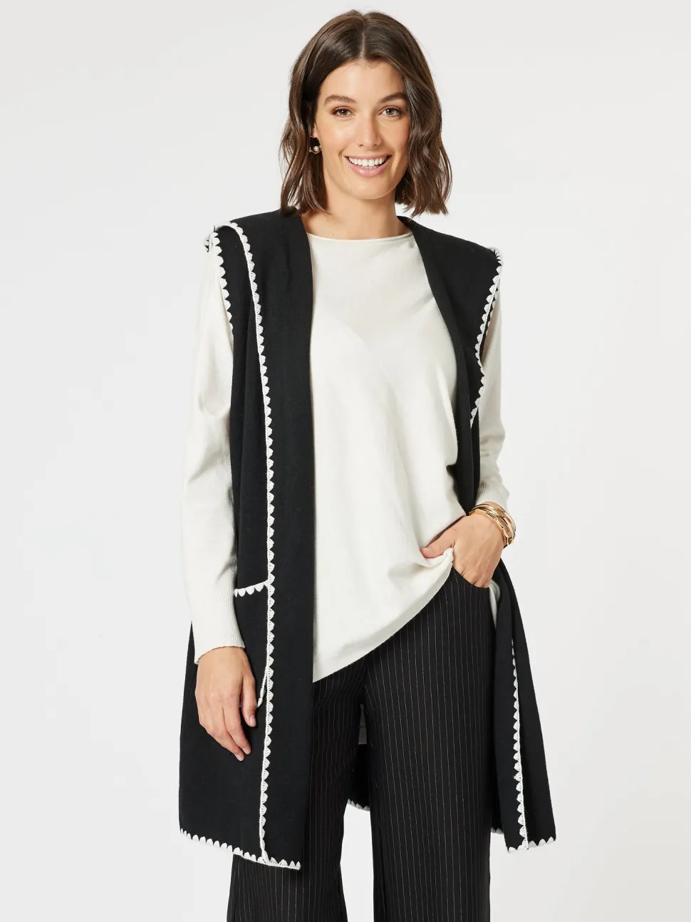 Cosy Contrast Detail Hooded Vest - Black