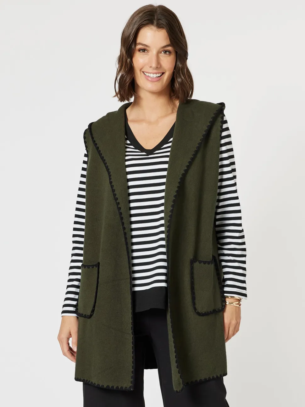 Cosy Contrast Detail Hooded Vest - Khaki