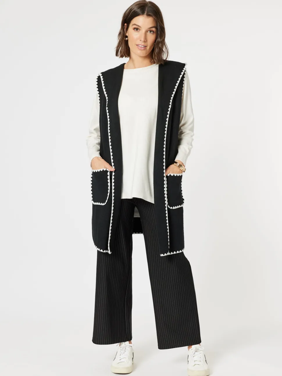 Cosy Contrast Detail Hooded Vest - Black