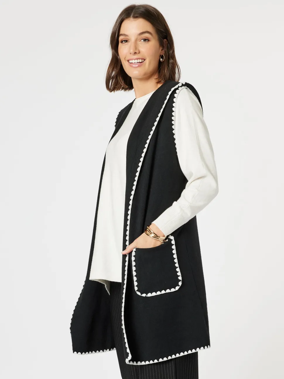 Cosy Contrast Detail Hooded Vest - Black