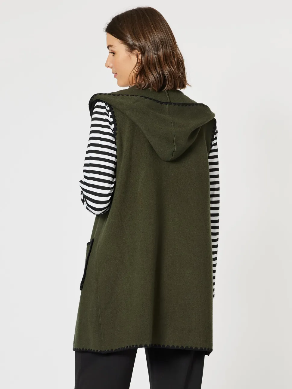 Cosy Contrast Detail Hooded Vest - Khaki