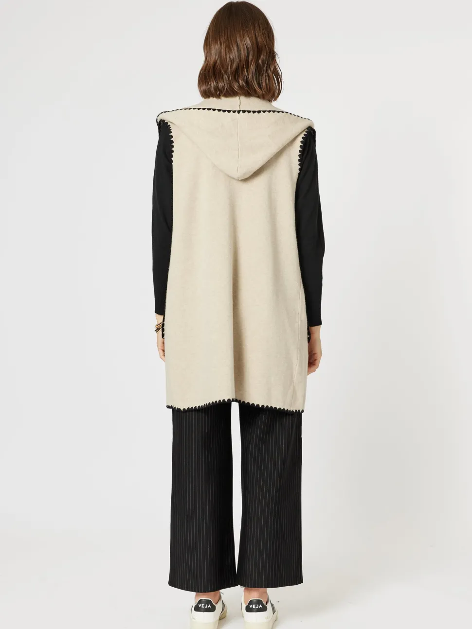 Cosy Contrast Detail Hooded Vest - Natural