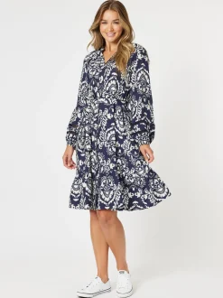 Emily Print Button Dress - Navy/White