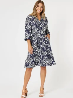 Emily Print Button Dress - Navy/White