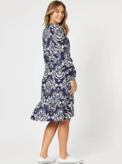 Emily Print Button Dress - Navy/White