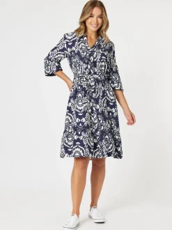 Emily Print Button Dress - Navy/White