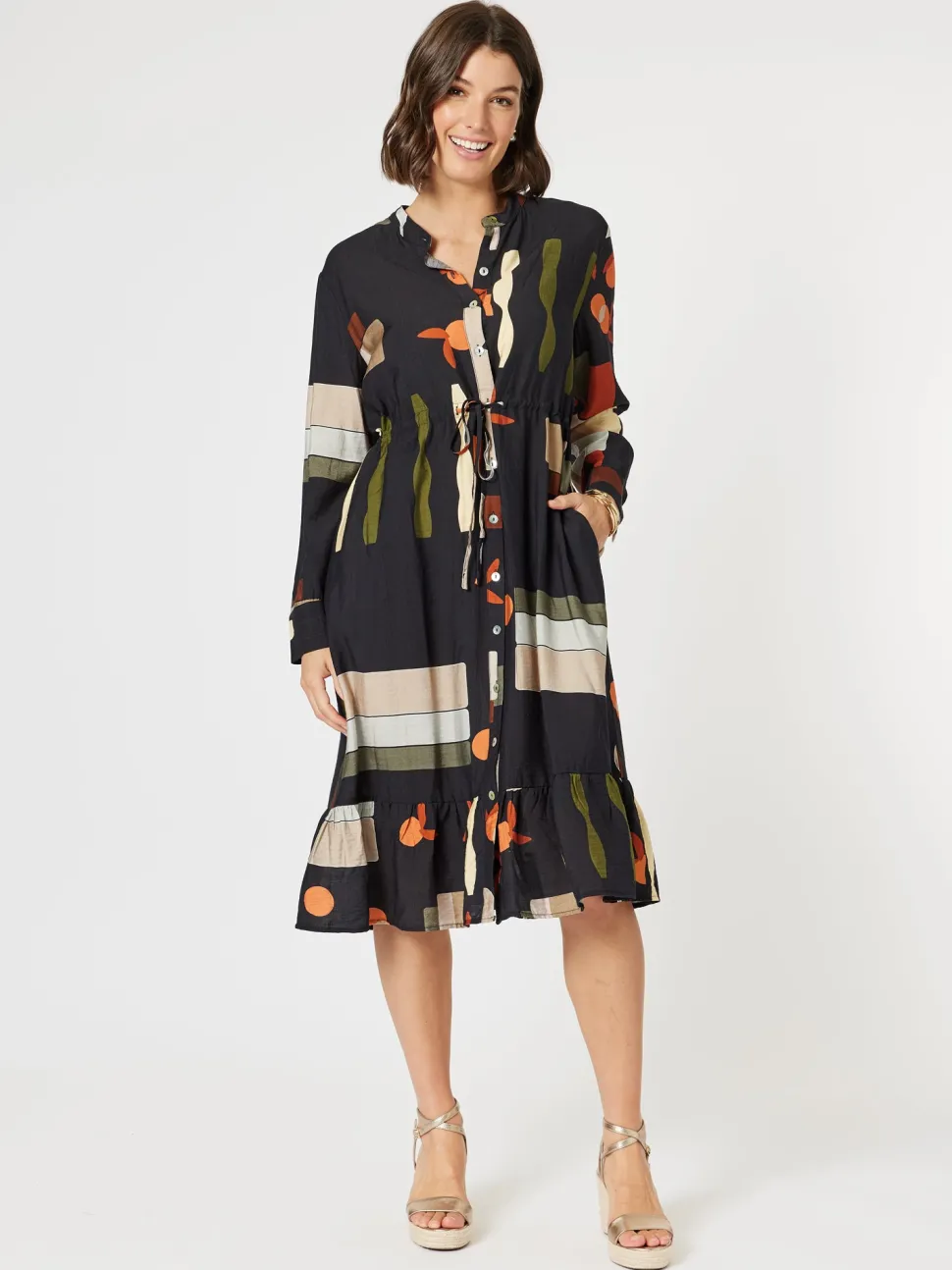 Galleria Print Button Dress - Black Multi