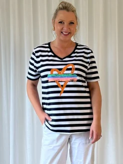 Heart Stripe Print Tee - Orange