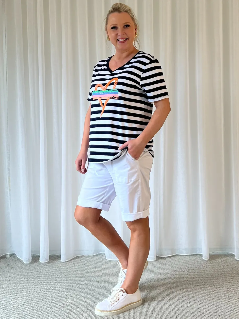 Heart Stripe Print Tee - Orange