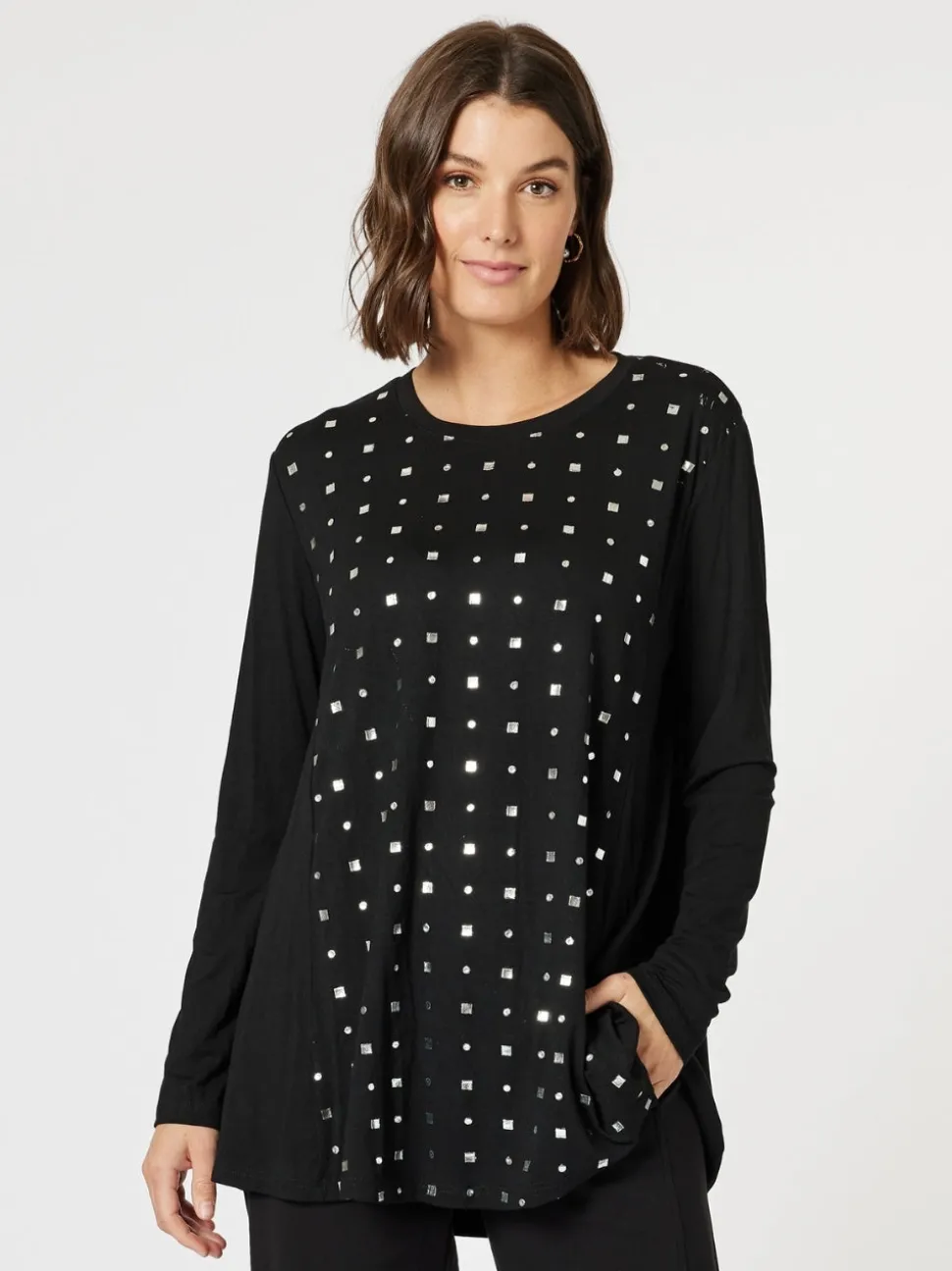 Metallic Print Long Sleeve Tee - Black/Silver
