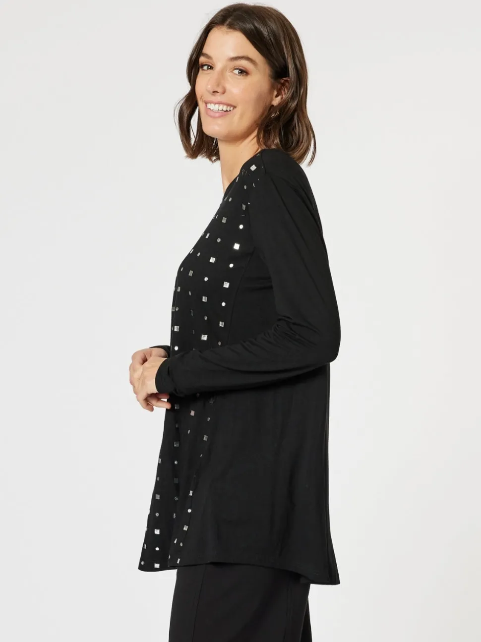 Metallic Print Long Sleeve Tee - Black/Silver