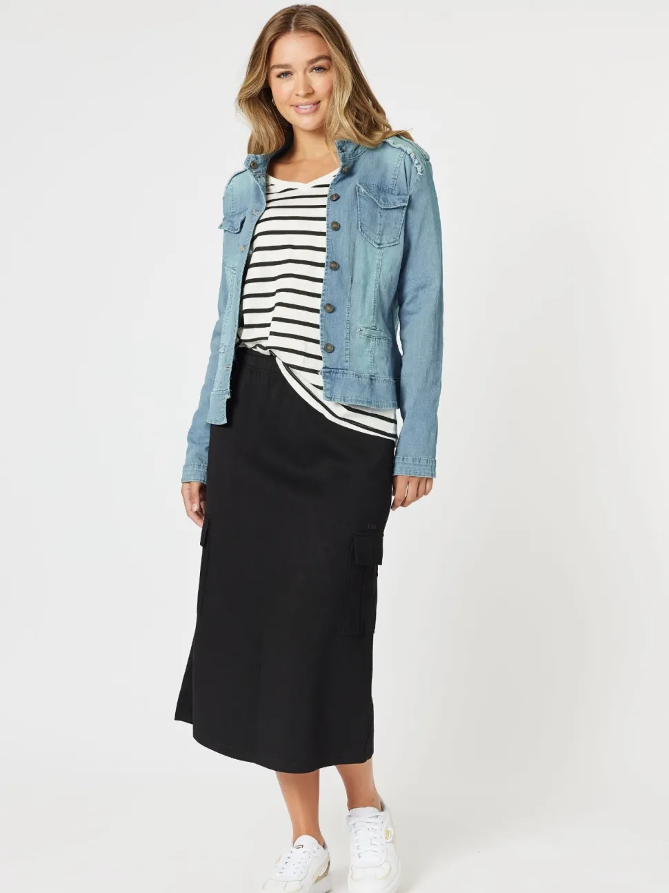 Military Style Denim Jacket - Denim