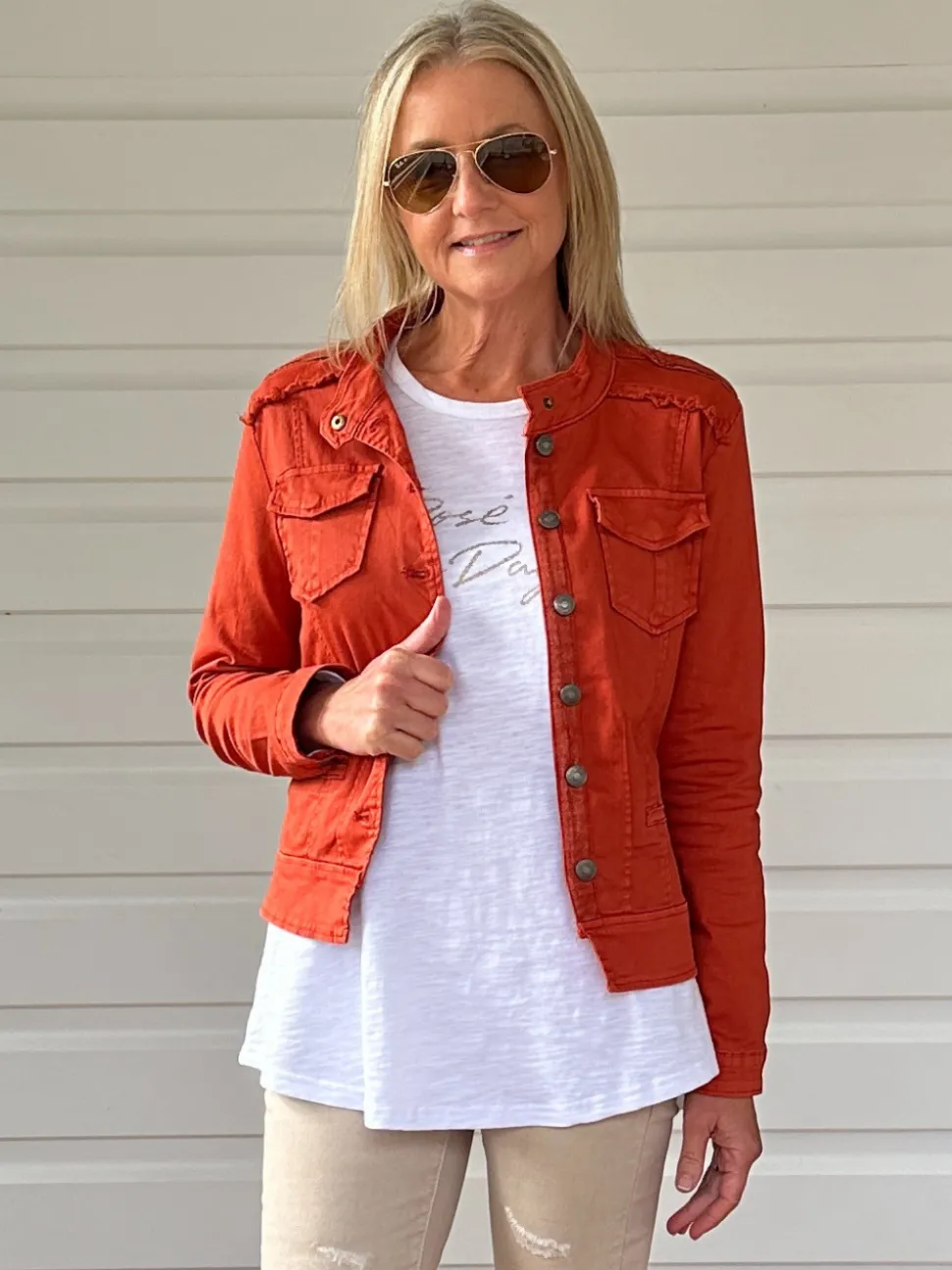 Military Style Denim Jacket - Maple