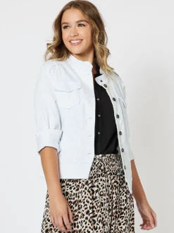 Military Style Denim Jacket - White