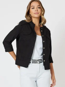 Military Style Denim Jacket - Black