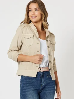 Military Style Denim Jacket - Natural