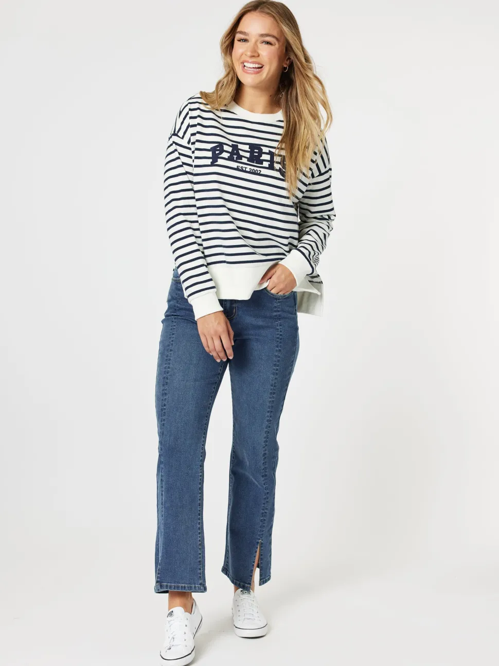 Paris Stripe Print Sweatshirt - Navy/White