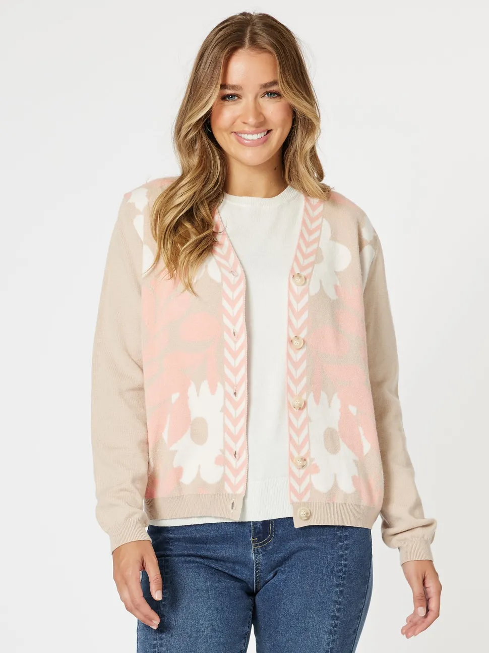Pasadena Floral Print Knit Cardigan - Coral/Natural