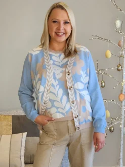 Pasadena Floral Print Knit Cardigan - Blue/Natural