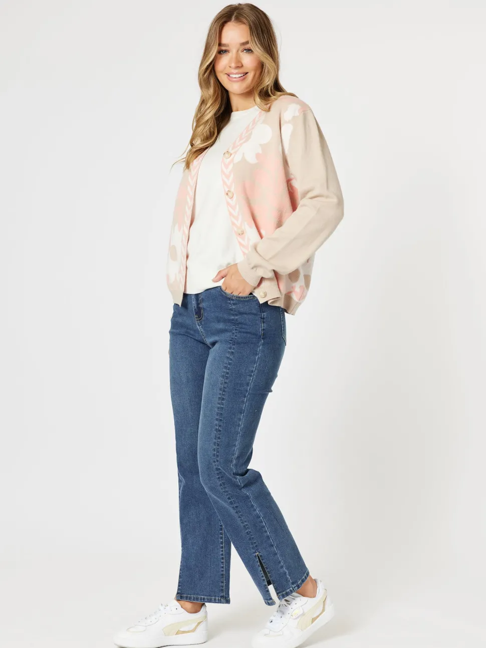 Pasadena Floral Print Knit Cardigan - Coral/Natural