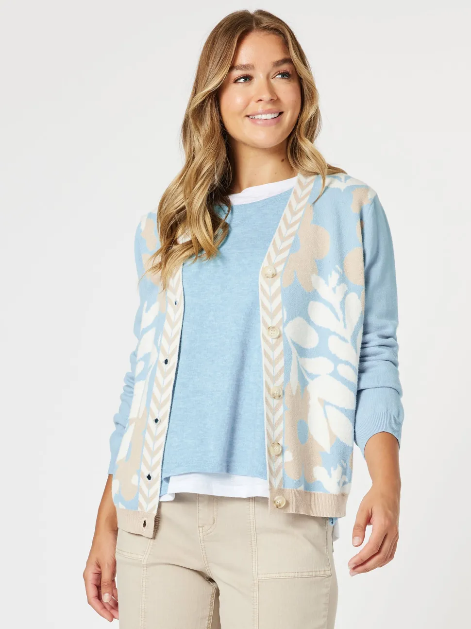 Pasadena Floral Print Knit Cardigan - Blue/Natural