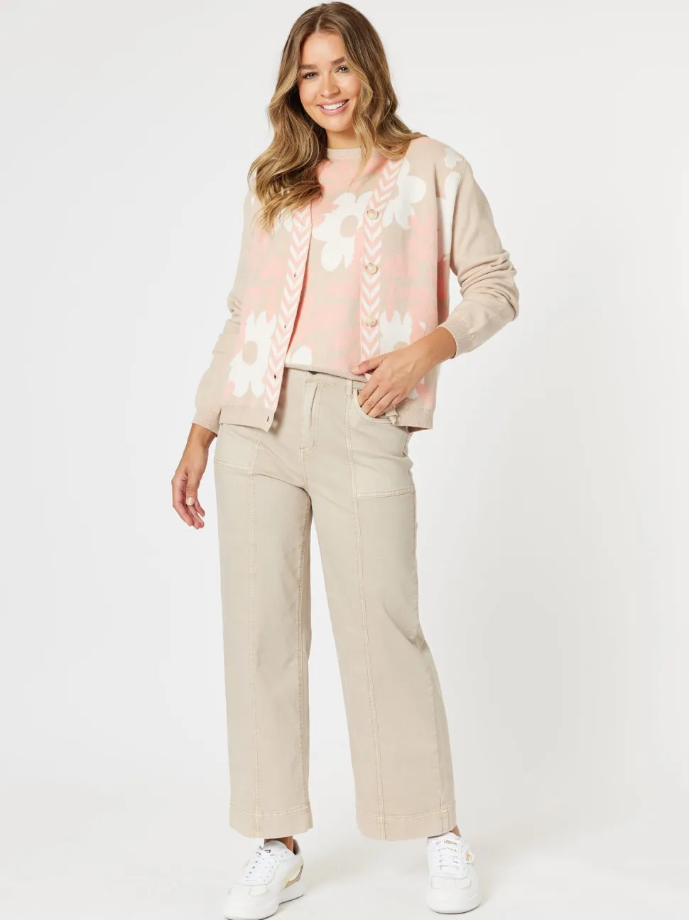 Pasadena Floral Print Knit Cardigan - Coral/Natural