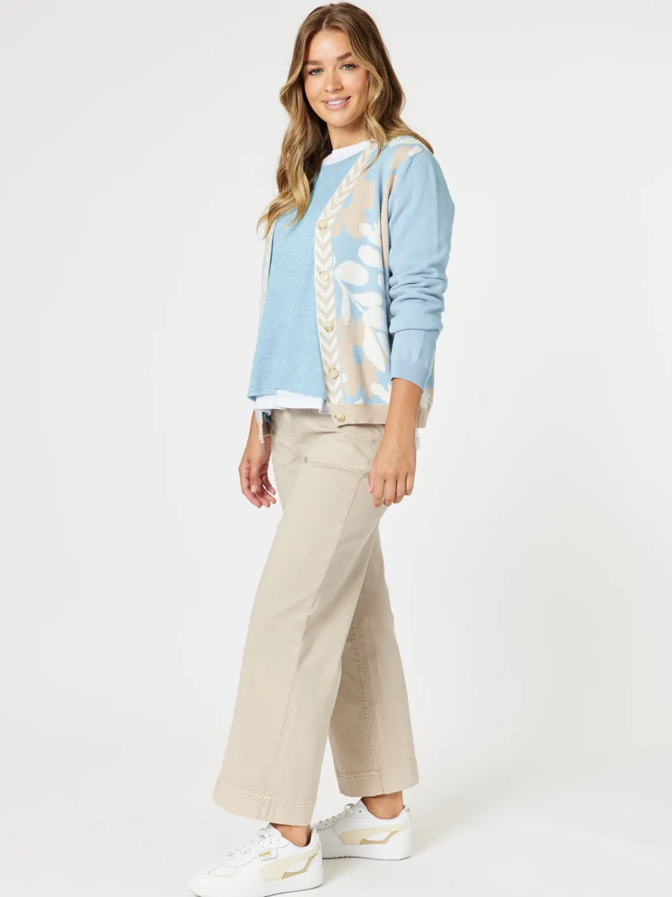 Pasadena Floral Print Knit Cardigan - Blue/Natural