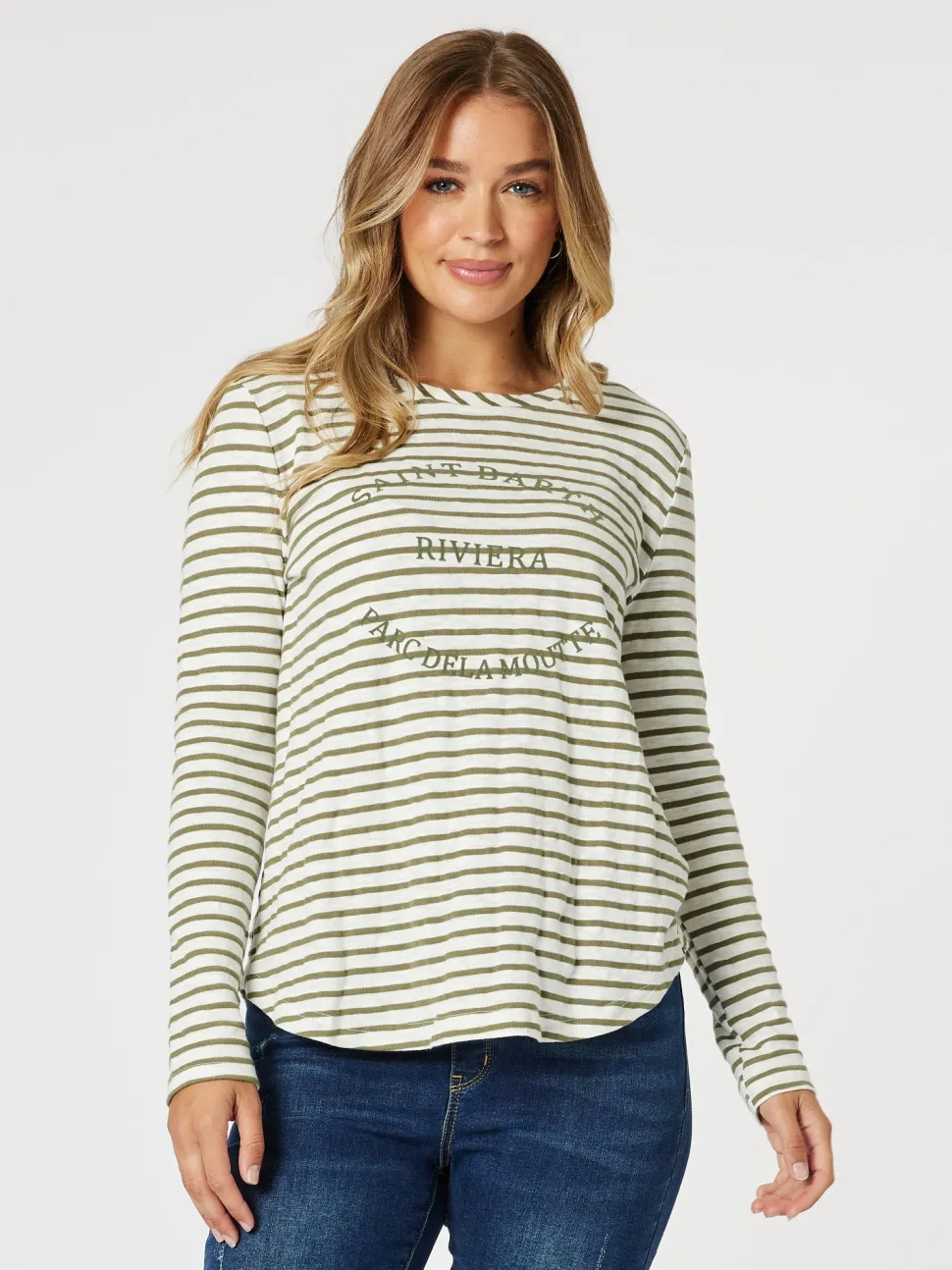 Riviera Long Sleeve Stripe Print Tee - Khaki/White