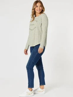 Riviera Long Sleeve Stripe Print Tee - Khaki/White