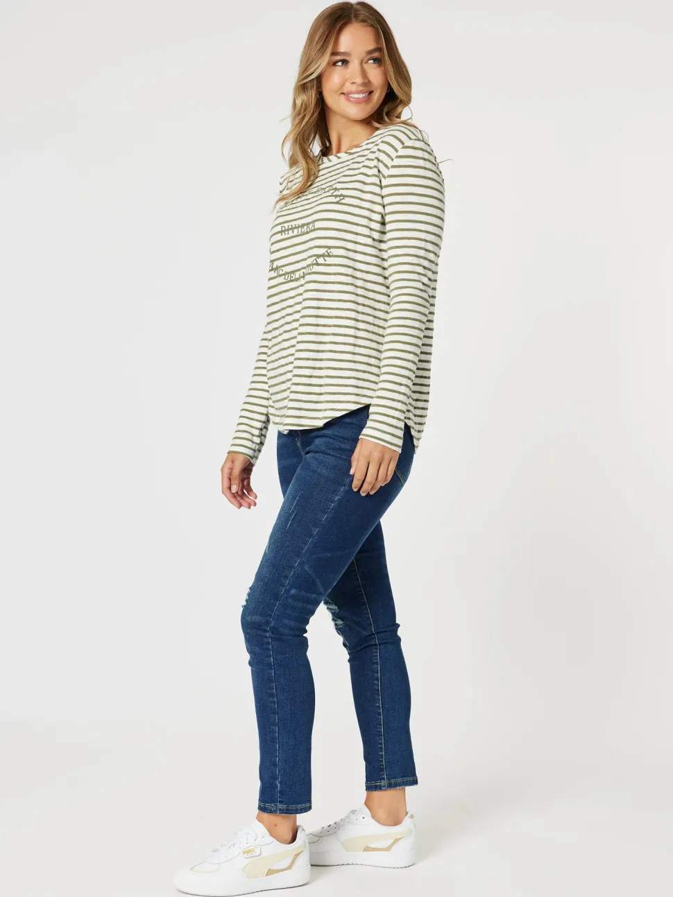 Riviera Long Sleeve Stripe Print Tee - Khaki/White