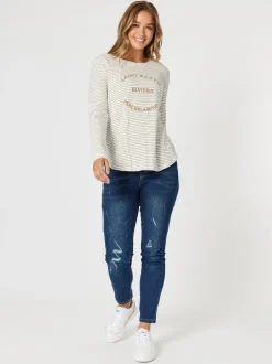 Riviera Long Sleeve Stripe Print Tee - Natural/White