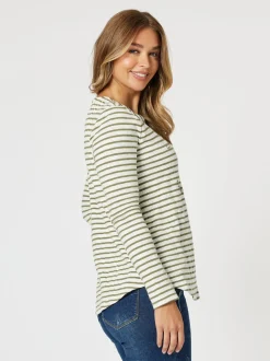Riviera Long Sleeve Stripe Print Tee - Khaki/White