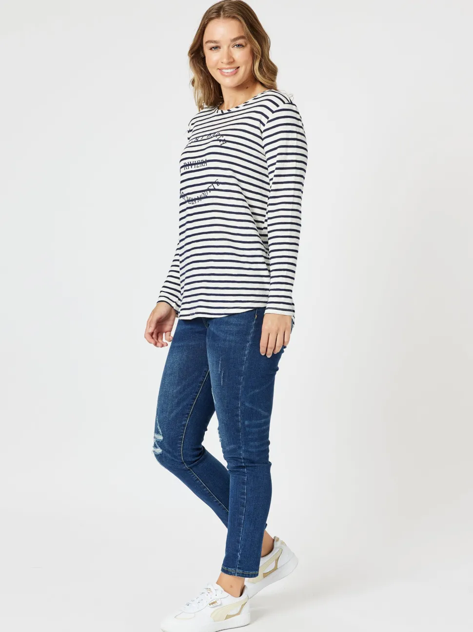 Riviera Long Sleeve Stripe Print Top - Navy/White