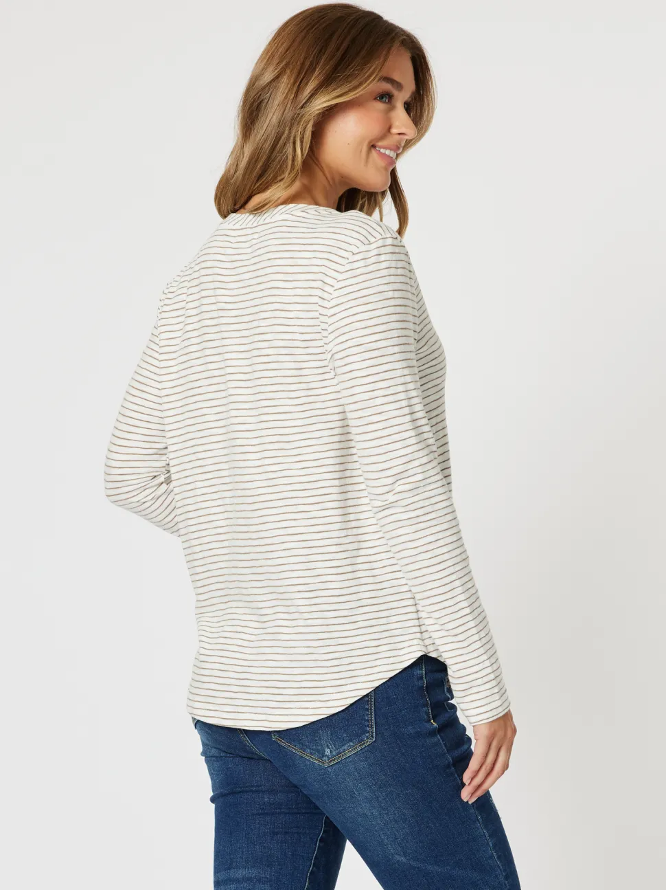 Riviera Long Sleeve Stripe Print Tee - Natural/White