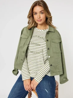 Riviera Long Sleeve Stripe Print Tee - Khaki/White