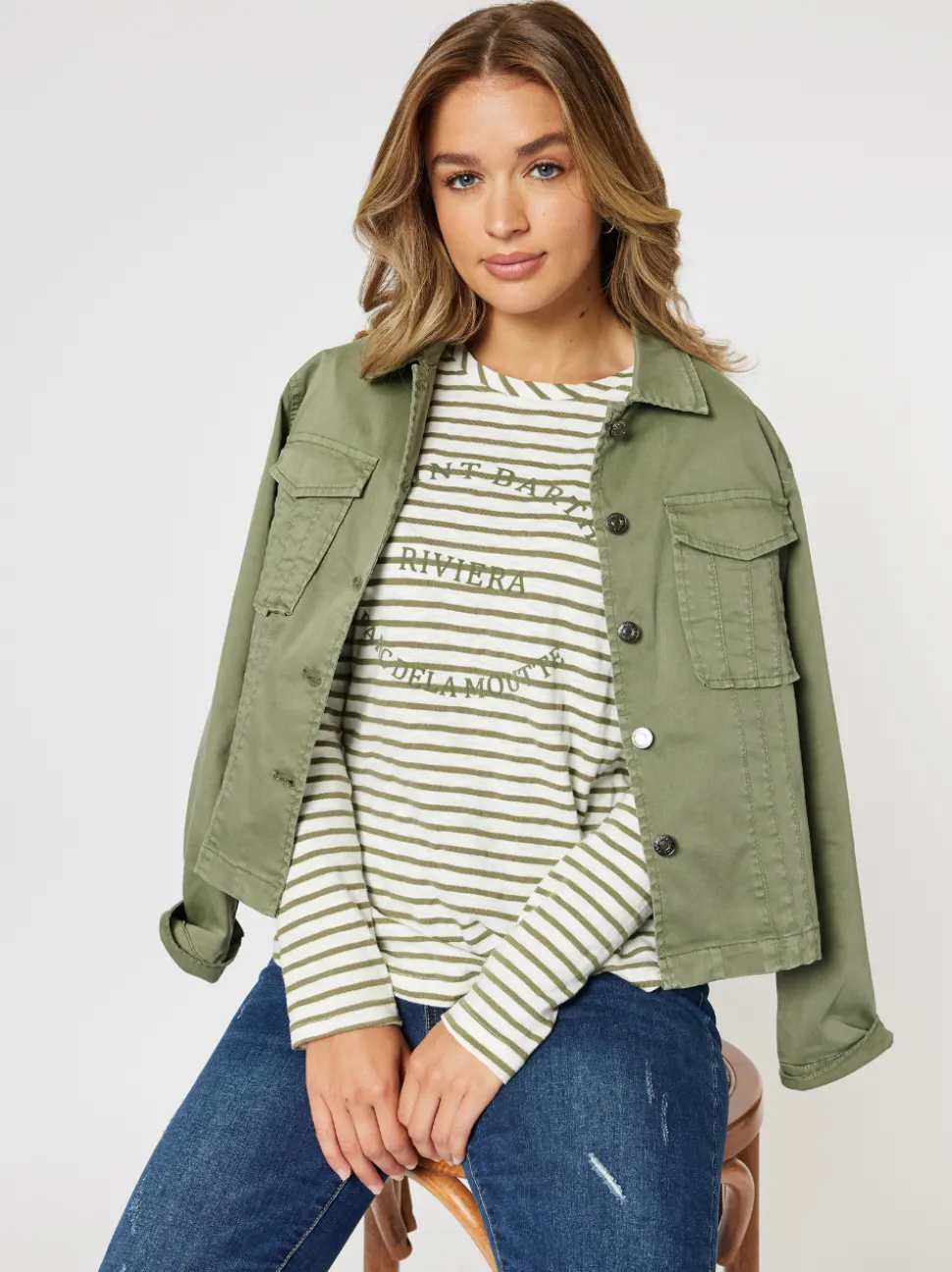 Riviera Long Sleeve Stripe Print Tee - Khaki/White