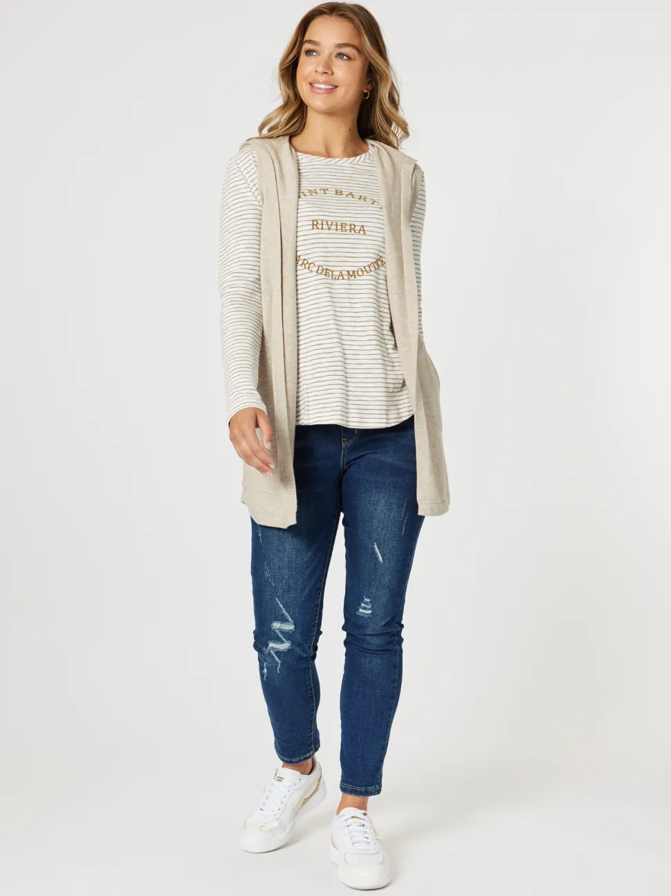 Riviera Long Sleeve Stripe Print Tee - Natural/White