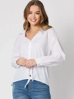 Tie Front Poplin Shirt - White