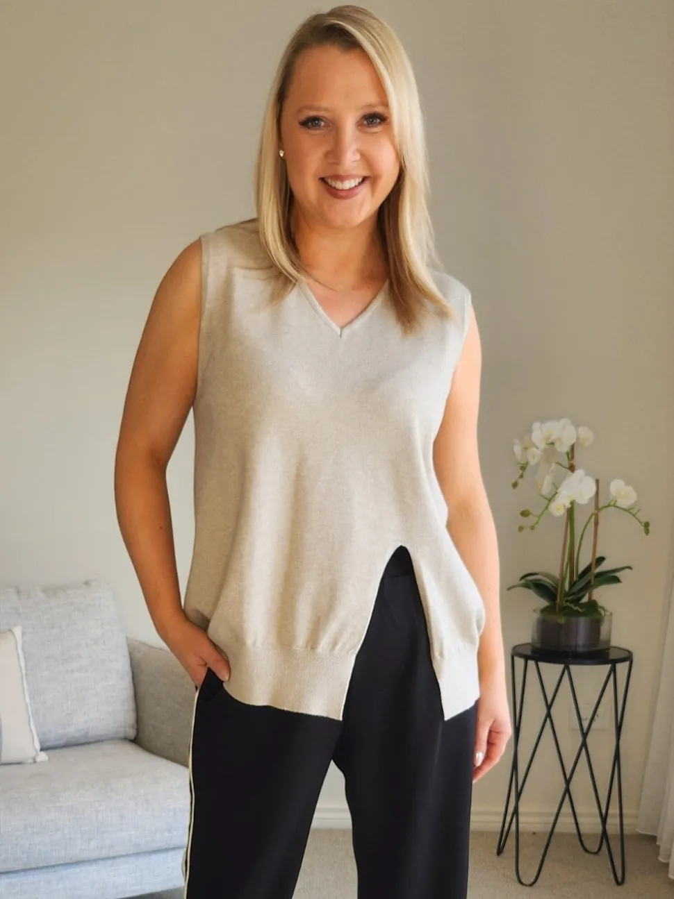 Vicky Side Split Knit Vest - Natural