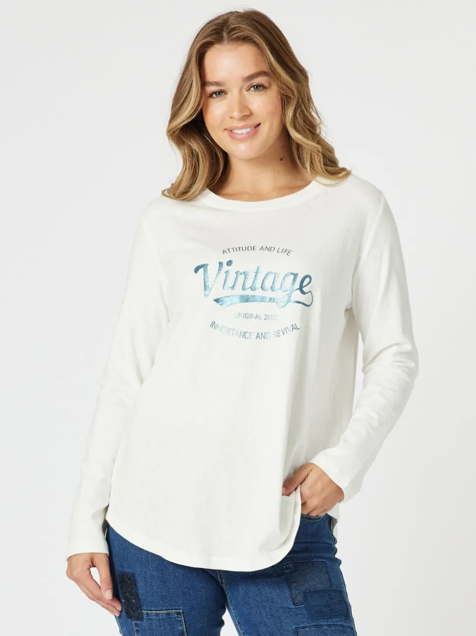Vintage Long Sleeve Print Tee - White/Denim