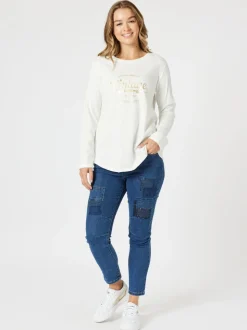 Vintage Long Sleeve Print Tee - White/Gold